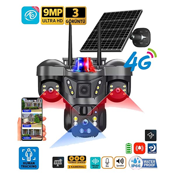 O-Kam 8050 9 MP Lensli 3 Kameralı Ultra HD 4G Solar Akıllı Güvenlik Kamerası