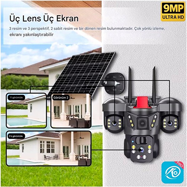 O-Kam 8050 9 MP Lensli 3 Kameralı Ultra HD 4G Solar Akıllı Güvenlik Kamerası