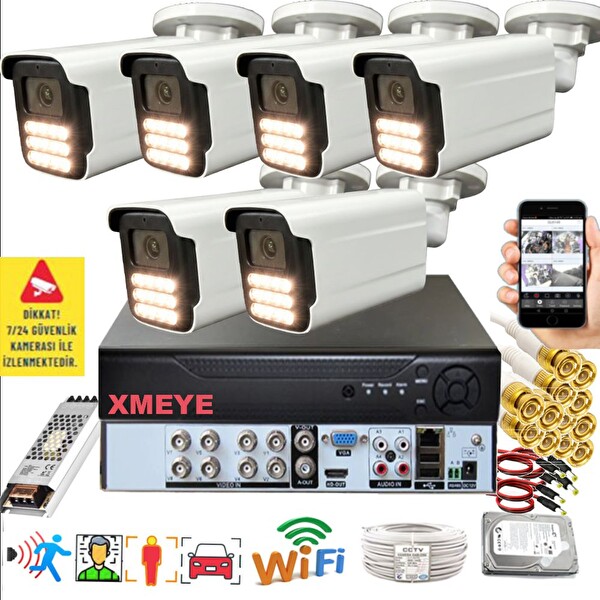 Bises 6'lı Araç İnsan Yüz Tanımalı Hareket Algılayan 5 MP Lens 15 Warm Led Gece Renkli Kamera Seti 5915W