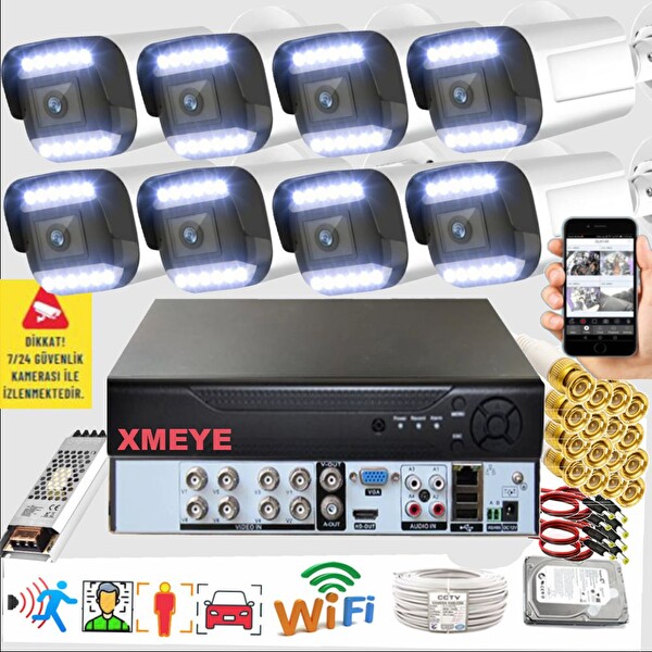 Bises 8'li Araç İnsan Yüz Tanımalı Hareket Algılayan 5 MP Lens 12 Warm Led Gece Renkli Kamera Seti 3312W