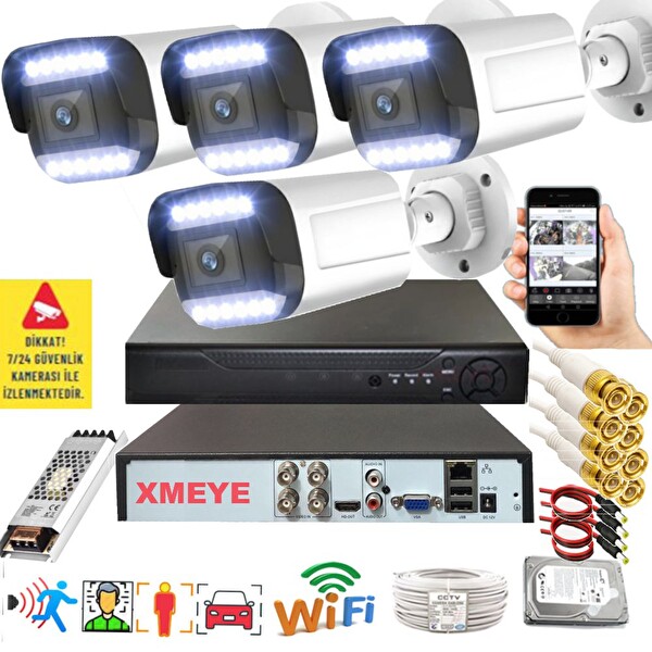 Bises 4'lü Araç İnsan Yüz Tanımalı Hareket Algılayan 5 MP Lens 12 Warm Led Gece Renkli Kamera Seti 3312W