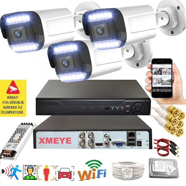Bises 3'lü Araç İnsan Yüz Tanımalı Hareket Algılayan 5 MP Lens 12 Warm Led Gece Renkli Kamera Seti 3312W