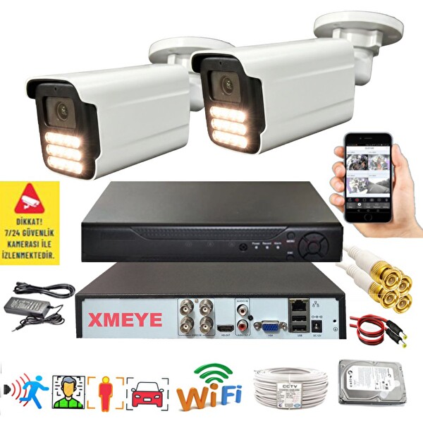 Bises 2'li Araç İnsan Yüz Tanımalı Hareket Algılayan 5 MP Lens 15 Warm Led Gece Renkli Kamera Seti 5915W