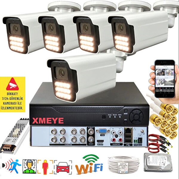 Bises 5'li Araç İnsan Yüz Tanımalı Hareket Algılayan 5 MP Lens 15 Warm Led Gece Renkli Kamera Seti 5915W
