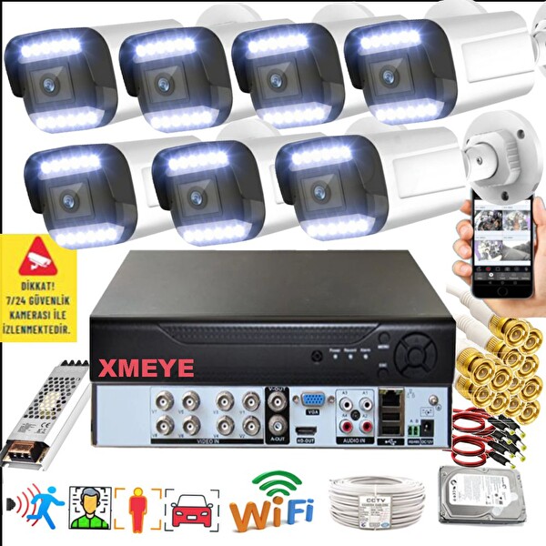 Bises 7'li Araç İnsan Yüz Tanımalı Hareket Algılayan 5 MP Lens 12 Warm Led Gece Renkli Kamera Seti 3312W