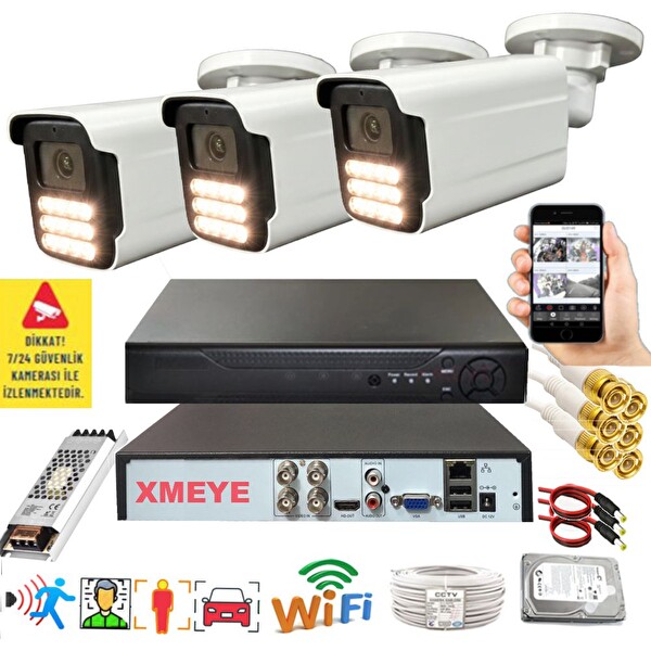Bises 3'lü Araç İnsan Yüz Tanımalı Hareket Algılayan 5 MP Lens 15 Warm Led Gece Renkli Kamera Seti 5915W