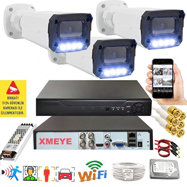 Bises 3'lü Hareket Algılayan 5 MP Lens 4 Warm Led Gece Renkli Gösteren Güvenlik Kamerası Seti BS 3404W