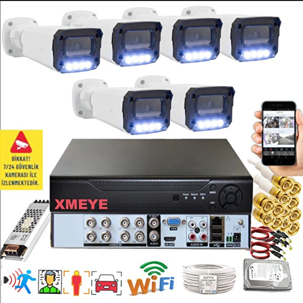 Bises 6'lı Araç İnsan Yüz Tanımalı Hareket Algılayan 5 MP Lens 4 Warm Led Gece Renkli Kamera Seti 3404W