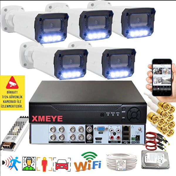 Bises 5'li Araç İnsan Yüz Tanımalı Hareket Algılayan 5 MP Lens 4 Warm Led Gece Renkli Kamera Seti 3404W