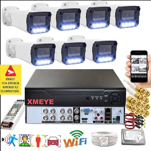 Bises 7'li Araç İnsan Yüz Tanımalı Hareket Algılayan 5 MP Lens 4 Warm Led Gece Renkli Kamera Seti 3404W