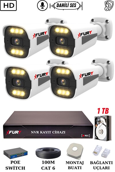 Fury 4 Kameralı Ip Güvenlik Kamerası Seti Sesli 4mp Gece Renkli Su Geçirmez 1506S 1 TB