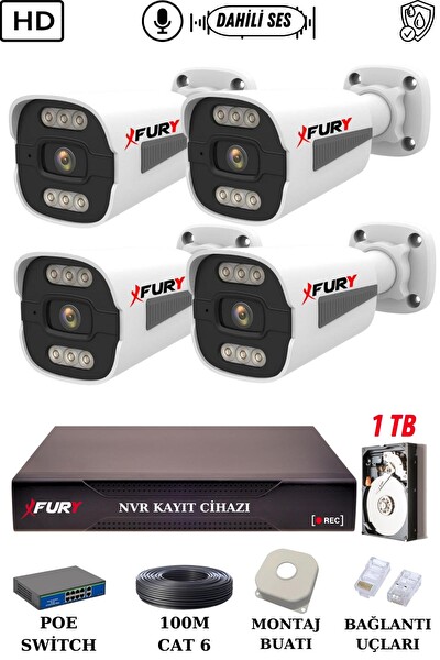 Fury 4 Kameralı Ip Güvenlik Kamerası Seti Sesli 4mp Gece Renkli Su Geçirmez 1506S 1 TB