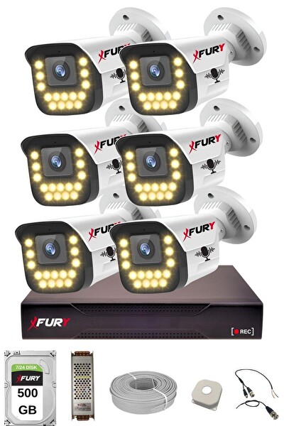 Fury 6'lı Sesli 15 Warm Led Gece Renkli Görüş Su Geçirmez Güvenlik Kamerası Seti 500 GB