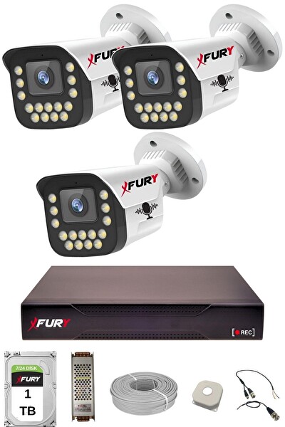 Fury 3'lü Sesli 15 Warm Led Gece Renkli Görüş Su Geçirmez Güvenlik Kamerası Seti 1 TB