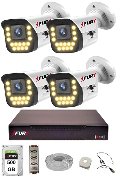 Fury 4'lü Sesli 15 Warm Led Gece Renkli Görüş Su Geçirmez Güvenlik Kamerası Seti 500 GB