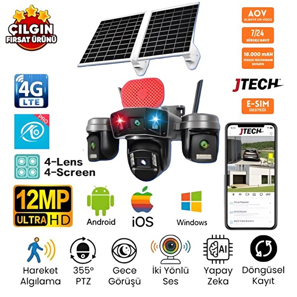 O-Kam OK-336 Premium 4G Solar Çift Panelli 4 Lensli Sirenli Kamera