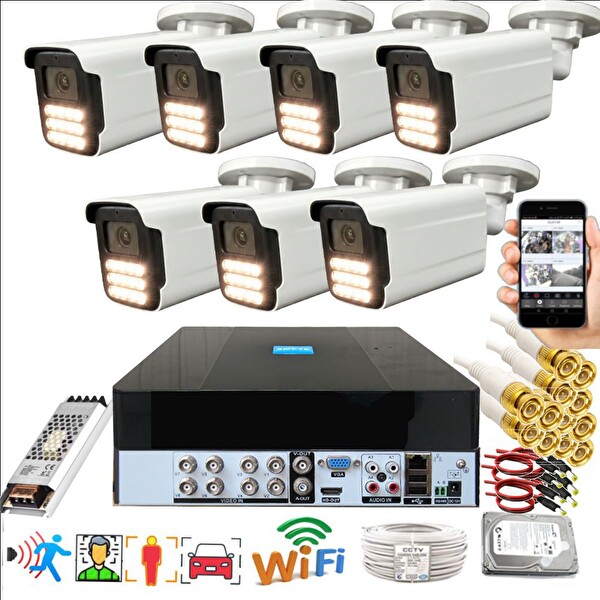 Bises 7'li Araç İnsan Yüz Tanımalı Hareket Algılayan 5 MP Lens 15 Warm Led Gece Renkli Kamera Seti 5915W-P
