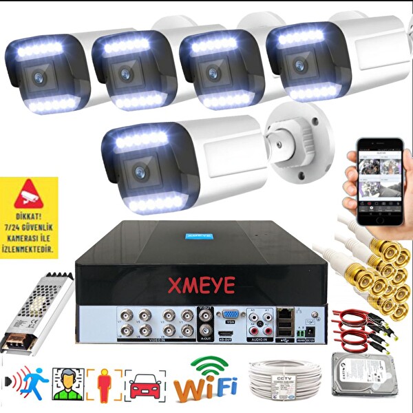 Bises 6'lı Araç İnsan Yüz Tanımalı Hareket Algılayan 5 MP Lens 12 Warm Led Gece Renkli Kamera Seti 3312W-PLS