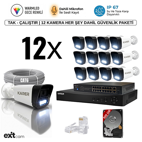 Karer 12'li IP Kamera Poeli 5MP Ultra HD 4K 1920 Çözünürlük Sesli Gece Renkli Görüş İnsan ve Plaka Algılamalı Set