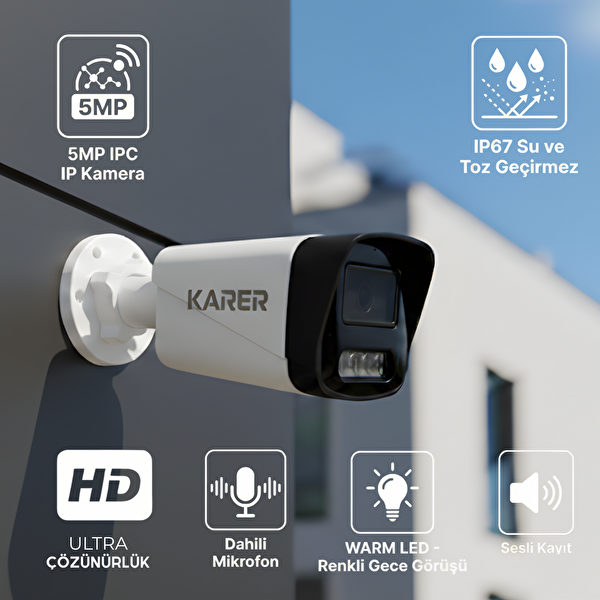 Karer 11'li IP Kamera Poeli 5MP Ultra HD 4K 1920 Çözünürlük Sesli Gece Renkli Görüş İnsan ve Plaka Algılamalı Set