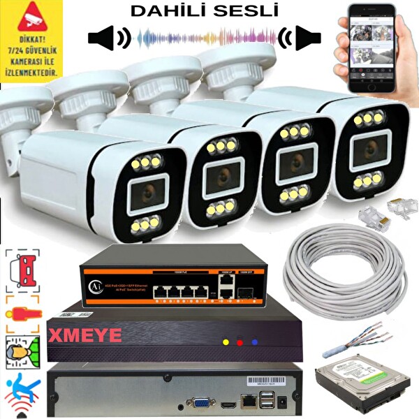 Bises 4'lü Yapay Zeka Destekli 5 MP Görüntü POE li Sesli 6 Warm Led Gece Renkli IP Kamera Seti 4386WS