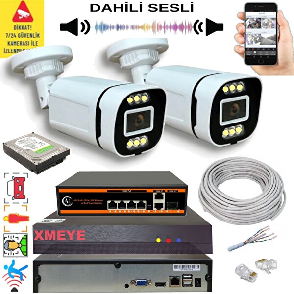 Bises 2'li Yapay Zeka Destekli 5 MP Görüntü POE li Sesli 6 Warm Led Gece Renkli IP Kamera Seti 4386WS