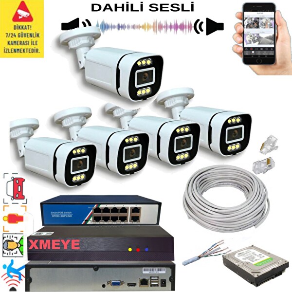 Bises 5'li Yapay Zeka Destekli 5 MP Görüntü POE li Sesli 6 Warm Led Gece Renkli IP Kamera Seti 4386WS