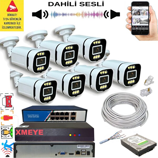 Bises 7'li Yapay Zeka Destekli 5 MP Görüntü POE li Sesli 6 Warm Led Gece Renkli IP Kamera Seti 4386WS