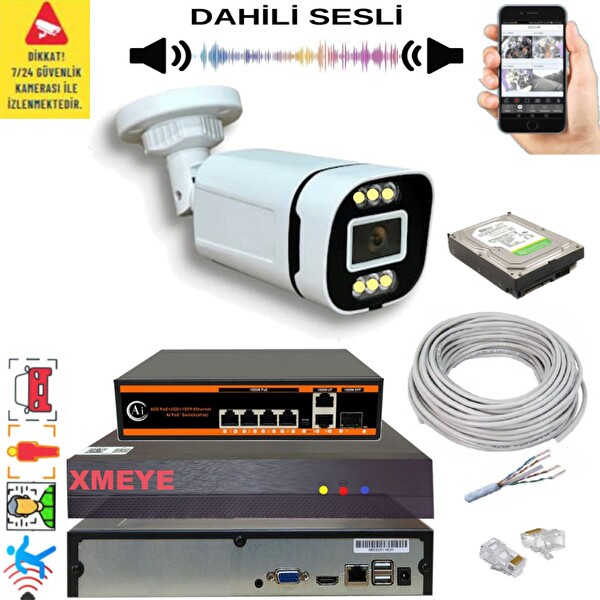 Bises 1'li Yapay Zeka Destekli 5 MP Görüntü POE li Sesli 6 Warm Led Gece Renkli IP Kamera Seti 4386WS