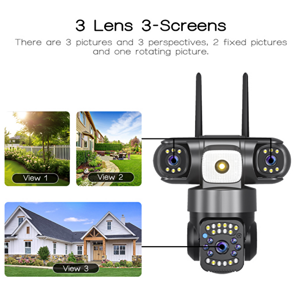 Çeşithane Smart Camera WiFi 360° Dönebilen 3 Lensli Hareket Takipli Gece Görüşlü Dış Mekan Güvenlik Kamerası IP Kamera