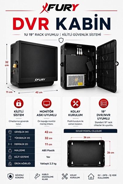 Fury DVR NVR Kamera Kayıt Cihazı Kabini ABS 42x32x11 CM Plastik Monitör Askı Kutusu