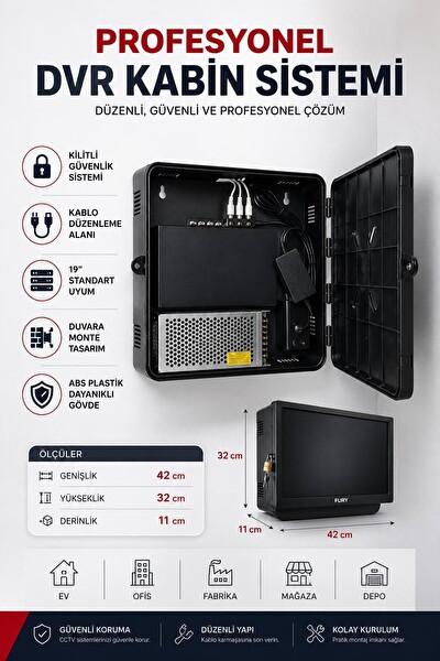 Fury DVR NVR Kamera Kayıt Cihazı Kabini ABS 42x32x11 CM Plastik Monitör Askı Kutusu