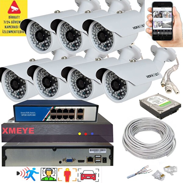 Bises 7'li Yapay Zeka Destekli 5 MP 1940P Görüntü POE Bağlantılı 48 Ir Led Gece Görüş IP Kamera Seti 748POE