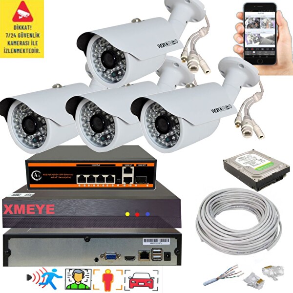 Bises 4'lü Yapay Zeka Destekli 5 MP 1940P Görüntü POE Bağlantılı 48 Ir Led Gece Görüş IP Kamera Seti 748POE
