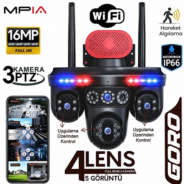 MPIA Goro 16 MP 4 Lensli 3xPTZ Dijital Zoom Wi-Fi Güvenlik IP Kamera