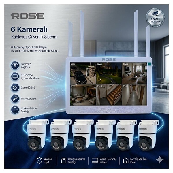 Rose 6 PTZ Wifi Kameralı 10.1'' LCD Ekranlı Sesli Kablosuz Wifi Kamera Seti