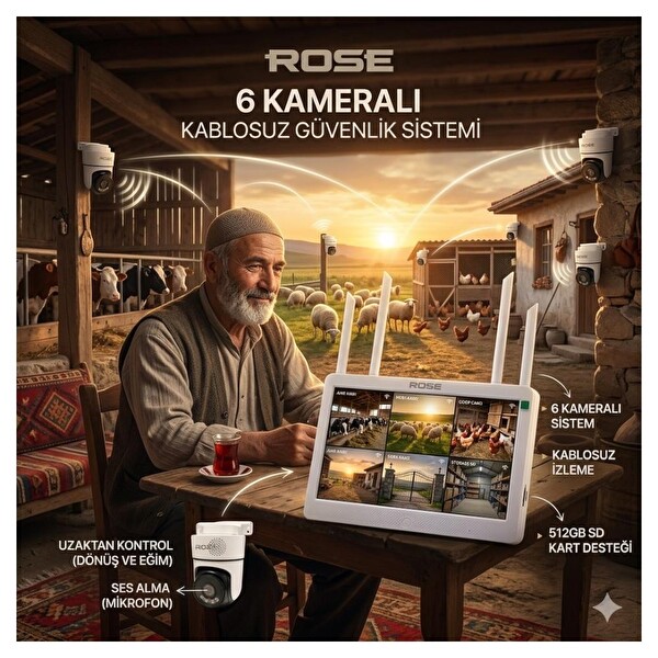 Rose 6 PTZ Wifi Kameralı 10.1'' LCD Ekranlı Sesli Kablosuz Wifi Kamera Seti