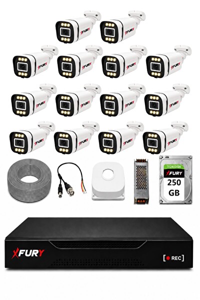 Fury 14 Kameralı 5MP Lens 1080P 6 Warm LED Renkli Gece Görüşlü Güvenlik Kamera Sistemi 250GB 1606