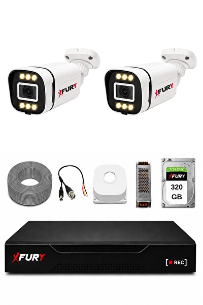 Fury 2 Kameralı 5MP Lens 1080P 6 Warm LED Renkli Gece Görüşlü Güvenlik Kamera Sistemi 320GB 1606