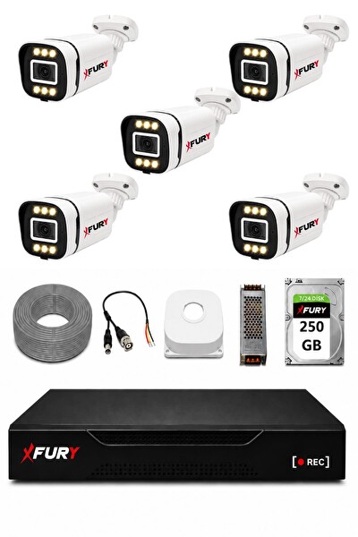 Fury 5 Kameralı 5MP Lens 1080P 6 Warm LED Renkli Gece Görüşlü Güvenlik Kamera Sistemi 250GB 1606