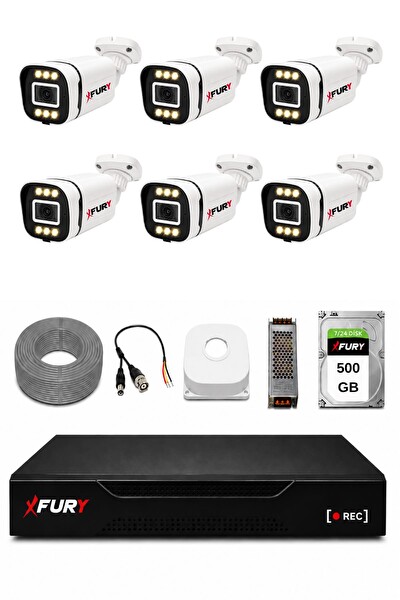 Fury 6 Kameralı 5MP Lens 1080P 6 Warm LED Renkli Gece Görüşlü Güvenlik Kamera Sistemi 500GB 1606