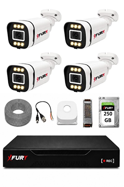 Fury 4 Kameralı 5MP Lens 1080P 6 Warm LED Renkli Gece Görüşlü Güvenlik Kamera Sistemi 250GB 1606