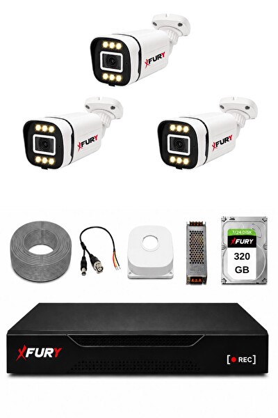 Fury 3 Kameralı 5MP Lens 1080P 6 Warm LED Renkli Gece Görüşlü Güvenlik Kamera Sistemi 320GB 1606