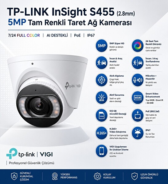 TP-Link InSight S455 5MP 3K 2.8mm Full Color PoE IP67 Dahili Mikrofon Hoparlör Alarm IP Güvenlik Kamerası