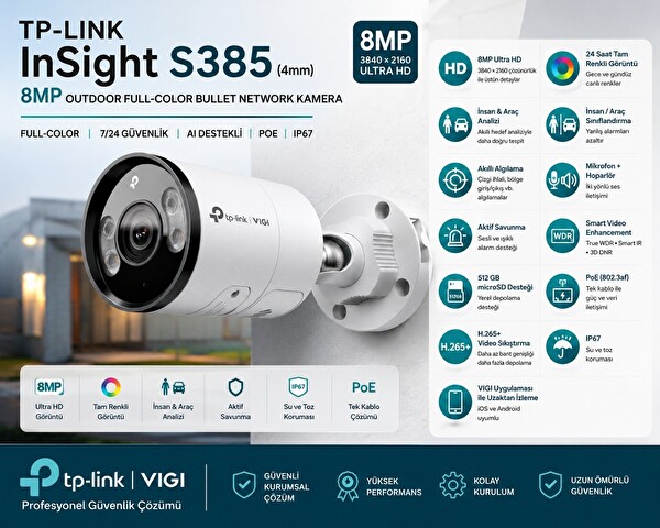 TP-Link InSight S385 8MP 4K 4mm Full Color PoE IP67 Dahili Mikrofon Hoparlör Alarm IP Güvenlik Kamerası