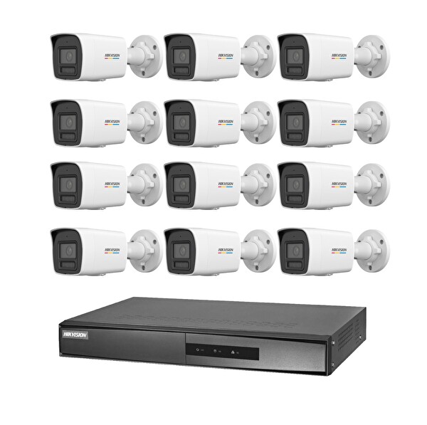 Hikvision 12 Kameralı 2 Mp ColorVu IP Güvenlik Kamera Seti DS-2CD1027G2H-LIUF - Dahili Mikrofonlu