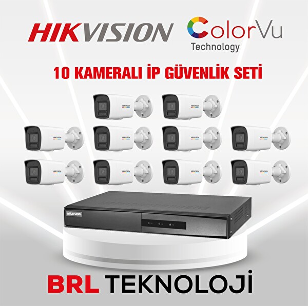 Hikvision 10 Kameralı 2 Mp ColorVu IP Güvenlik Kamera Seti DS-2CD1027G2H-LIUF - Dahili Mikrofonlu
