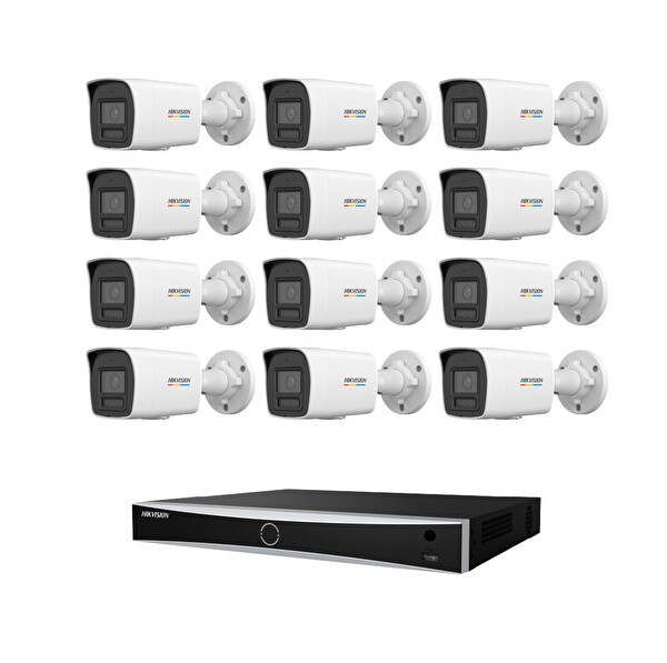 Hikvision 4 MP 12 Kameralı AcuSense ColorVu 3.0 AI IP Güvenlik Kamera Seti DS-2CD1047G3-LIUF - Dahili Mikrofonlu