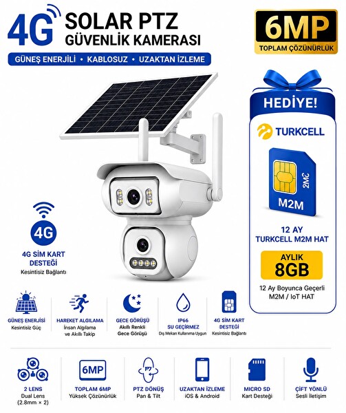 Bises 6 MP Solar PTZ Çift Lensli 4G SIM Kartlı Kablosuz Güvenlik Kamerası 4G-BS-W2