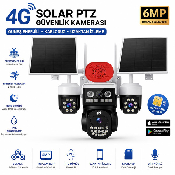 Bises 9 MP Çift Panelli 3 Lensli 4G SIM Kartlı Solar PTZ Güvenlik Kamerası 4G_BS_W3